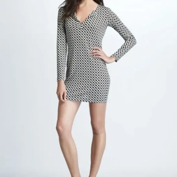 Diane Von Furstenberg Reina Silk Chain Link Shift Dress Black White Size 10 - Picture 2 of 12